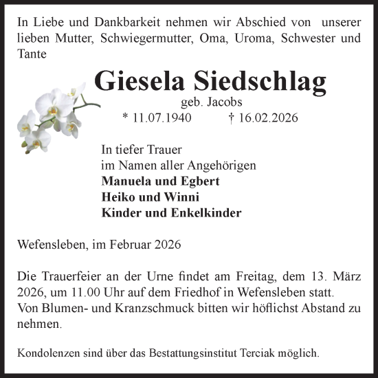 Traueranzeige von Giesela Siedschlag von Volksstimme Oschersleben/Wanzleben