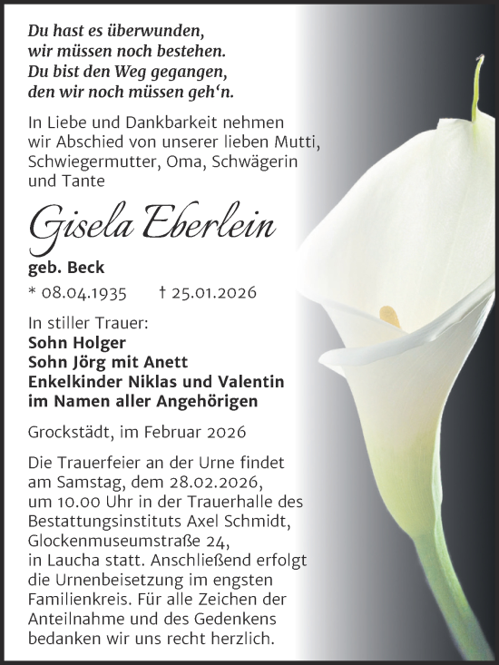 Traueranzeige von Gisela Eberlein von Trauerkombi Merseburg