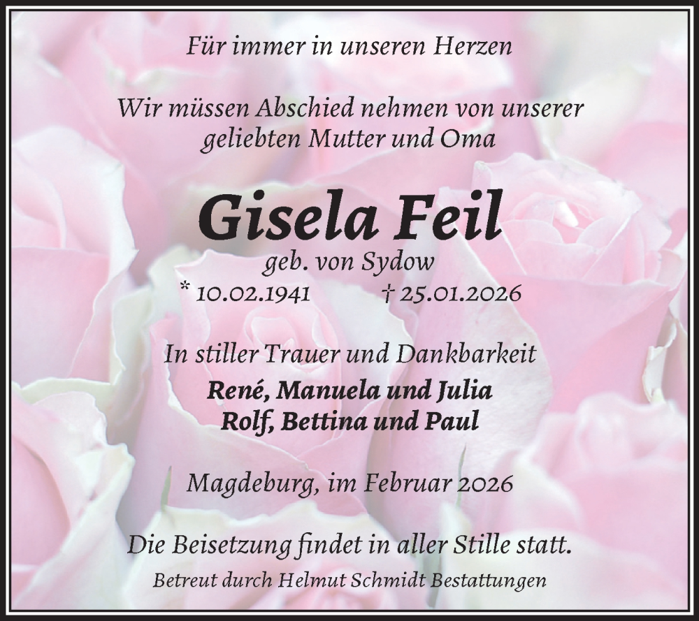  Traueranzeige für Gisela Feil vom 07.02.2026 aus Volksstimme Oschersleben/Wanzleben