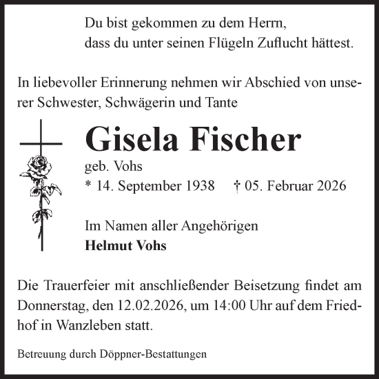 Traueranzeige von Gisela Fischer von Volksstimme Oschersleben/Wanzleben