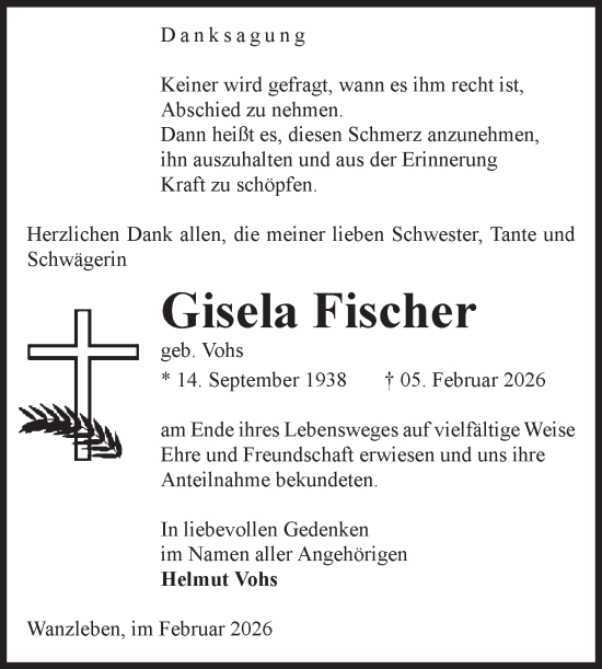 Traueranzeige von Gisela Fischer von Volksstimme Oschersleben/Wanzleben