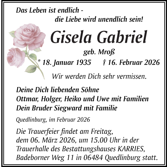 Traueranzeige von Gisela Gabriel von Trauerkombi Quedlinburg