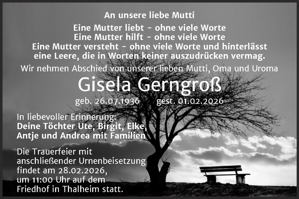  Traueranzeige für Gisela Gerngroß vom 14.02.2026 aus Trauerkombi Bitterfeld