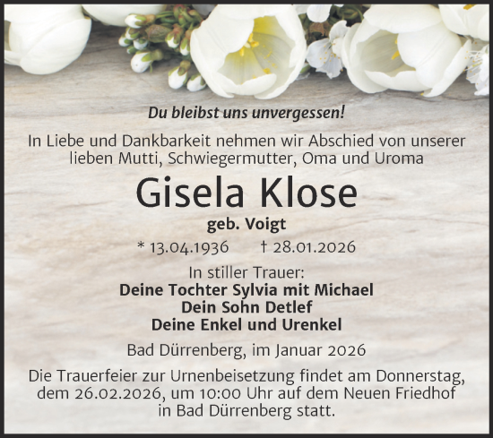 Traueranzeige von Gisela Klose von Trauerkombi Merseburg