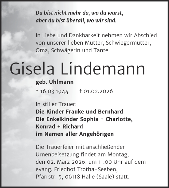 Traueranzeige von Gisela Lindemann von Mitteldeutsche Zeitung Halle/Saalkreis