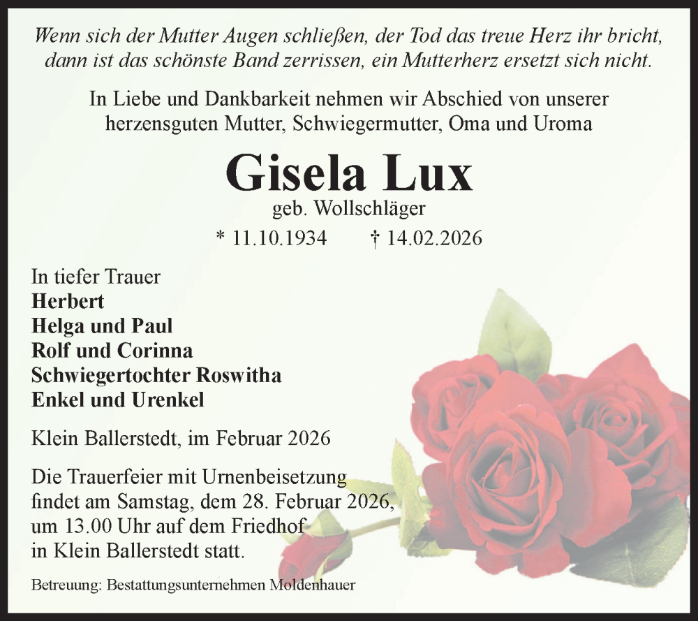  Traueranzeige für Gisela Lux vom 21.02.2026 aus Volksstimme Altmark Ost