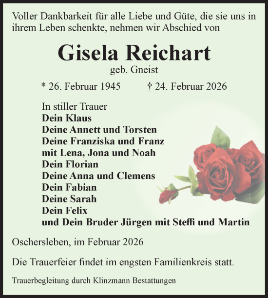 Traueranzeige von Gisela Reichart von Volksstimme Oschersleben/Wanzleben