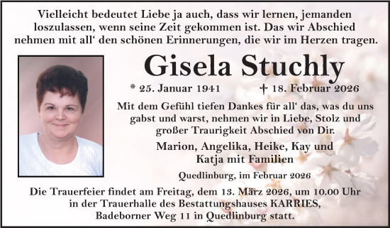 Traueranzeige von Gisela Stuchly von Trauerkombi Quedlinburg