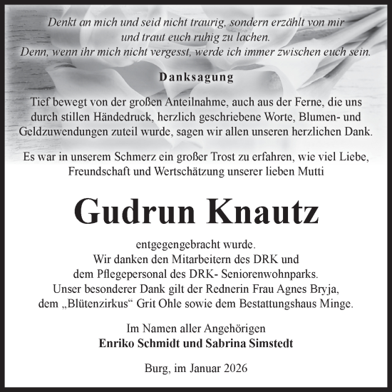 Traueranzeige von Gudrun Knautz von Volksstimme Burg/Genthin