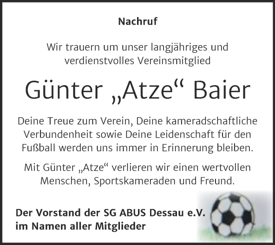 Traueranzeige von Günter Baier von Trauerkombi Dessau