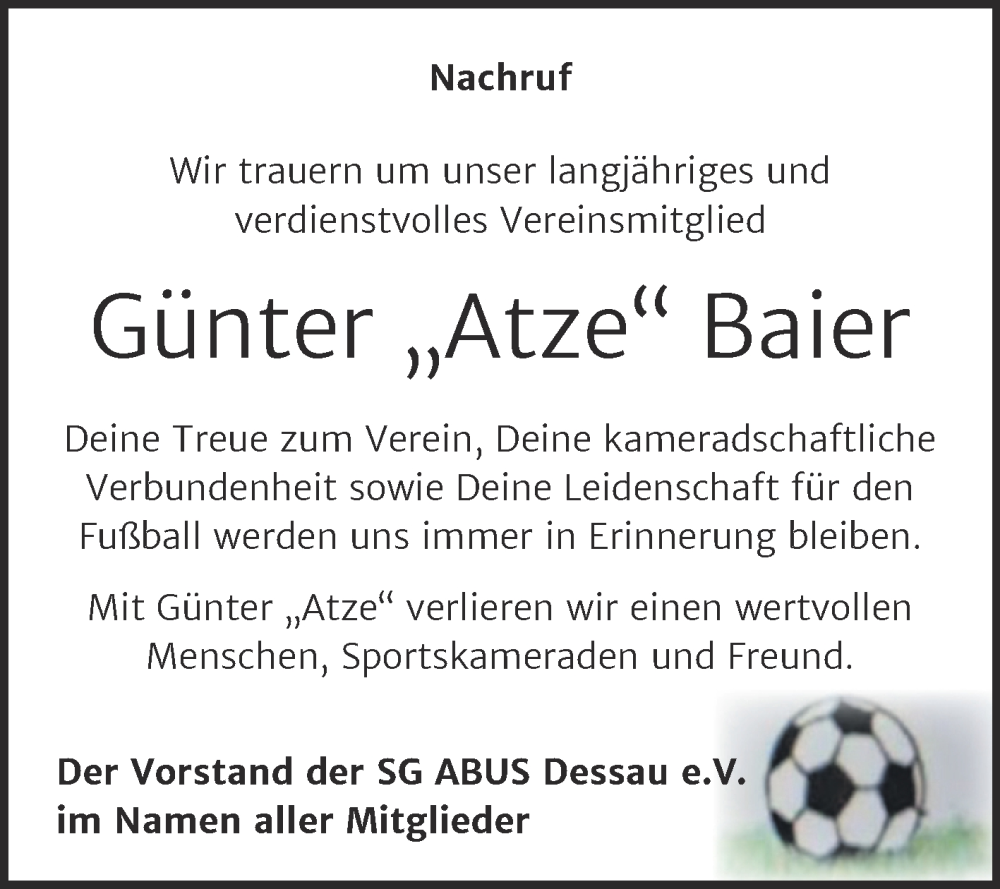  Traueranzeige für Günter Baier vom 14.02.2026 aus Trauerkombi Dessau