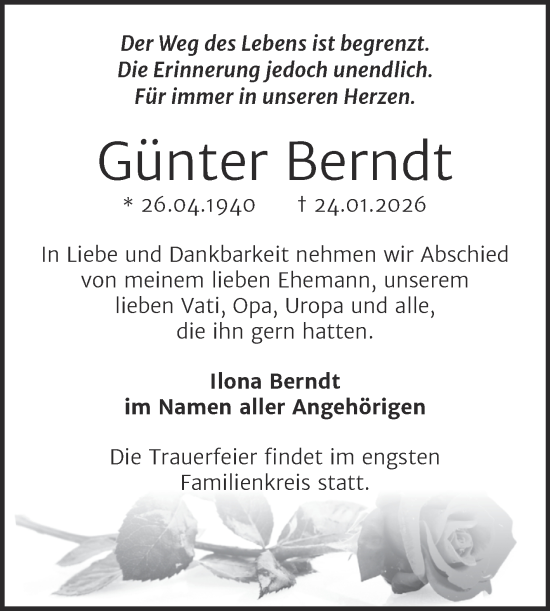 Traueranzeige von Günter Berndt von Trauerkombi Sangerhausen