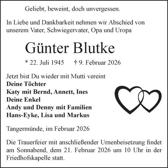 Traueranzeige von Günter Blutke von Volksstimme Altmark Ost