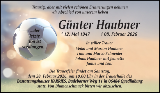 Traueranzeige von Günter Haubner von Trauerkombi Aschersleben