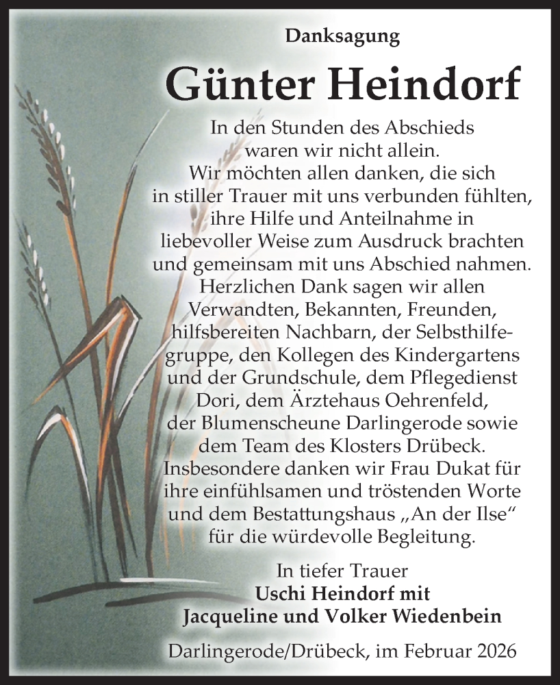  Traueranzeige für Günter Heindorf vom 07.02.2026 aus Volksstimme Wernigerode