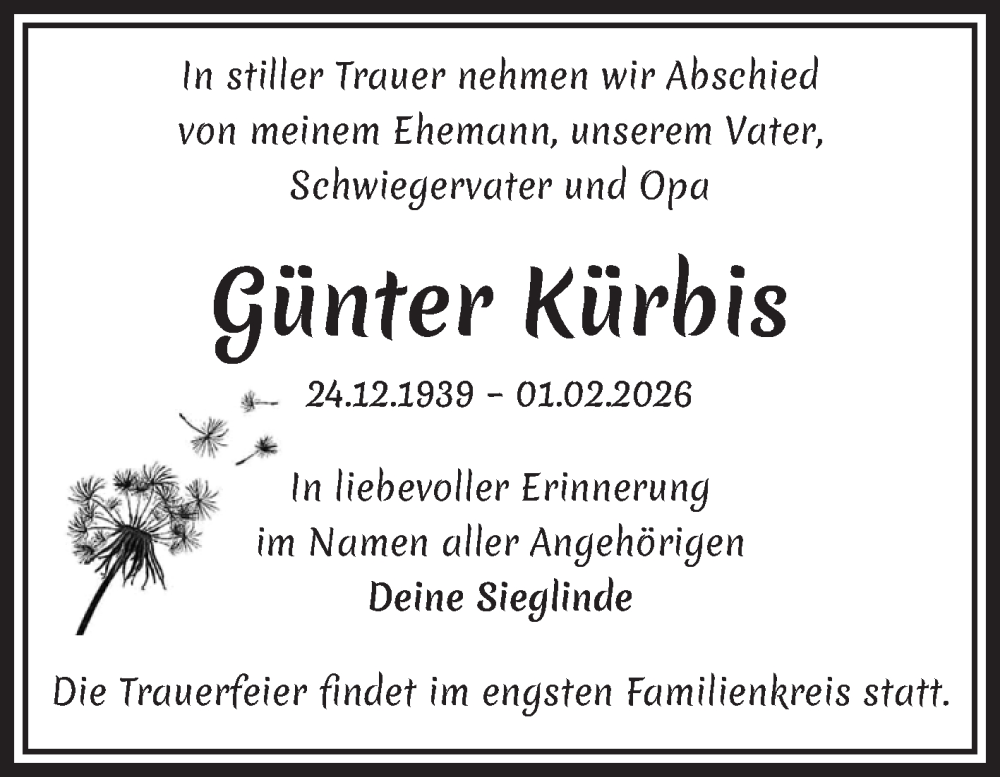  Traueranzeige für Günter Kürbis vom 14.02.2026 aus Volksstimme Magdeburg