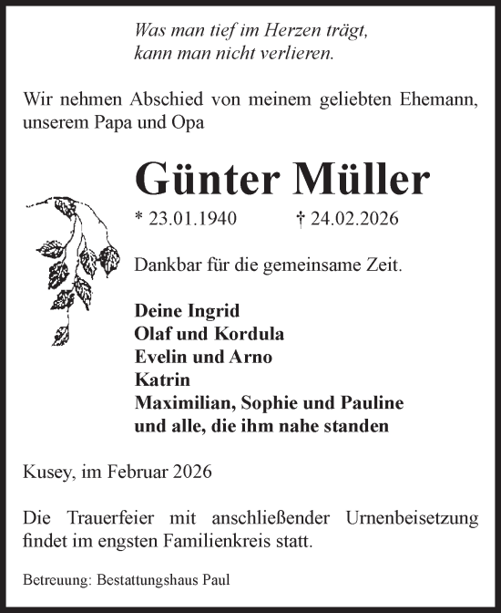 Traueranzeige von Günter Müller von Volksstimme Altmark West