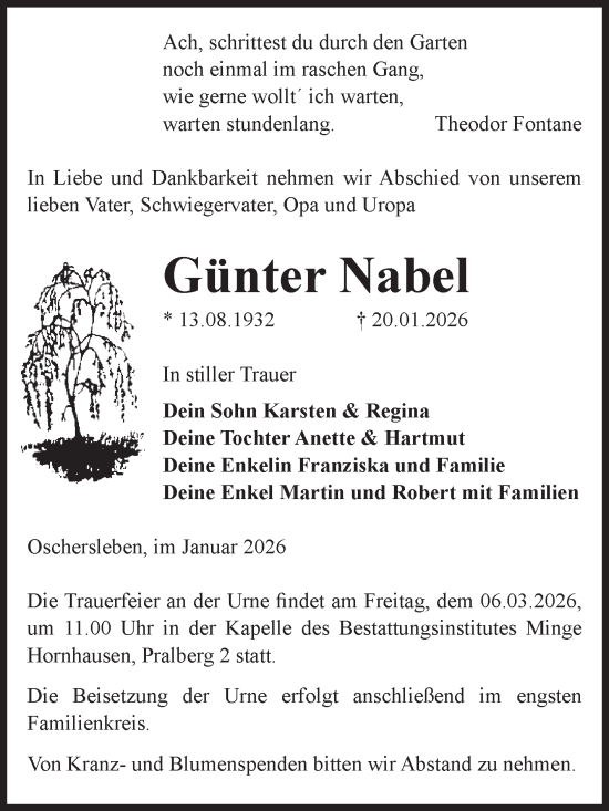 Traueranzeige von Günter Nabel von Volksstimme Oschersleben/Wanzleben