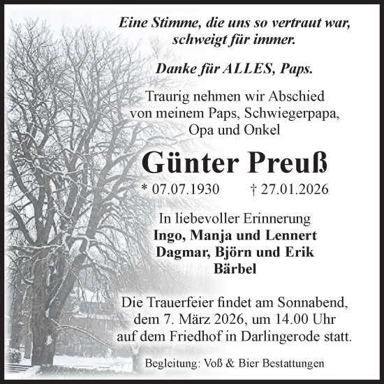 Traueranzeige von Günter Preuß von Volksstimme Wernigerode