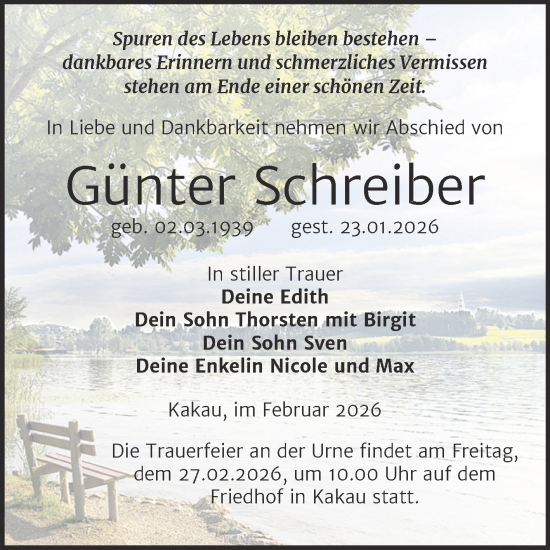 Traueranzeige von Günter Schreiber von Trauerkombi Wittenberg