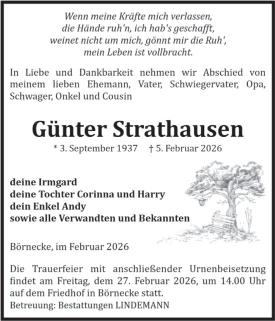 Traueranzeige von Günter Strathausen von Volksstimme Wernigerode