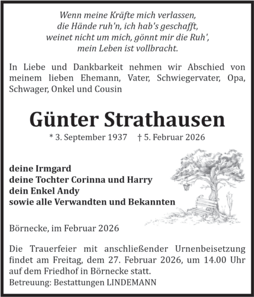  Traueranzeige für Günter Strathausen vom 14.02.2026 aus Volksstimme Wernigerode