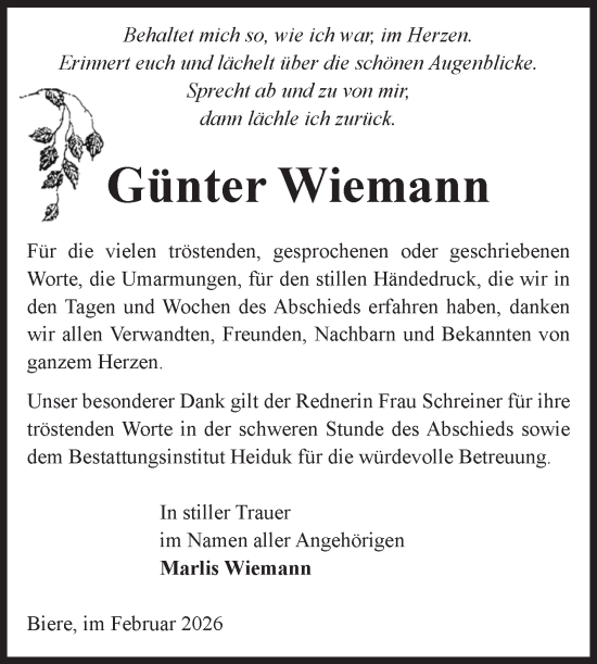 Traueranzeige von Günter Wiemann von Volksstimme Schönebeck
