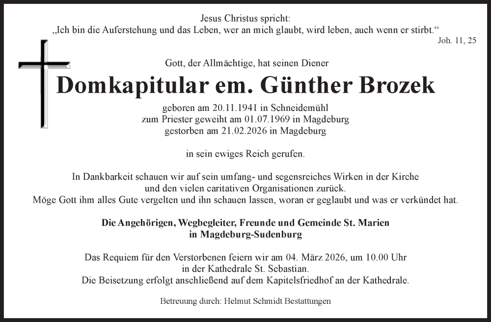  Traueranzeige für Günther Brozek vom 28.02.2026 aus Volksstimme Magdeburg