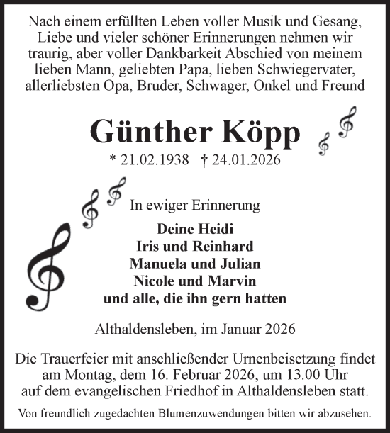 Traueranzeige von Günther Köpp von Volksstimme Haldensleben/Wolmirstedt