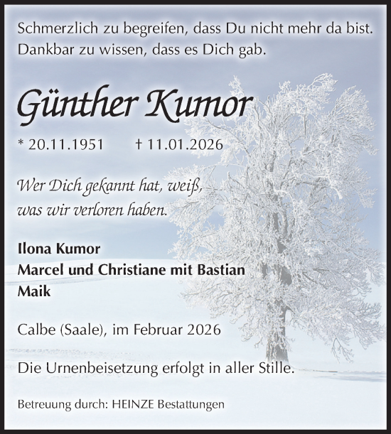 Traueranzeige von Günther Kumor von Volksstimme Schönebeck