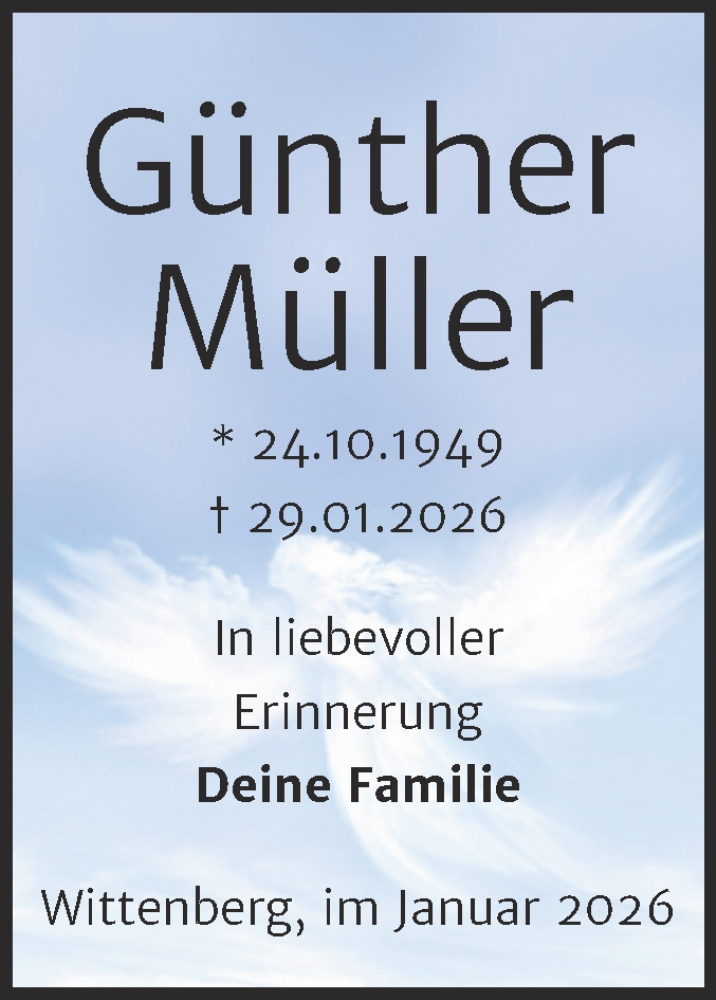  Traueranzeige für Günther Müller vom 07.02.2026 aus Trauerkombi Wittenberg