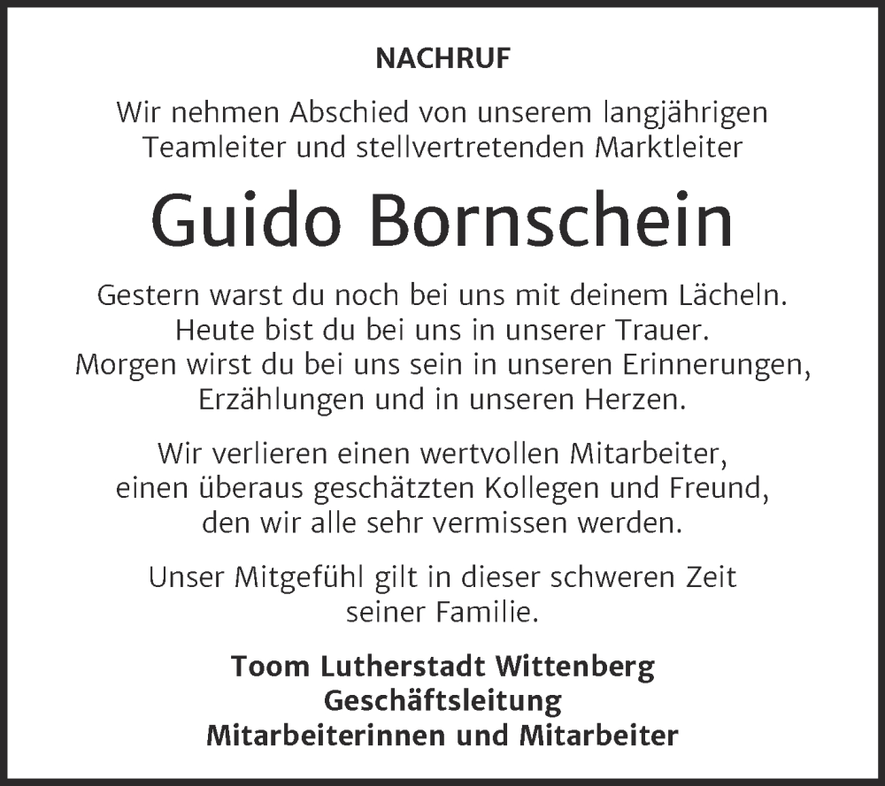  Traueranzeige für Guido Bornschein vom 14.02.2026 aus Super Sonntag Wittenberg