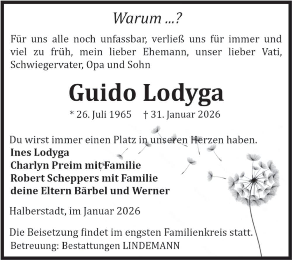  Traueranzeige für Guido Lodyga vom 14.02.2026 aus Volksstimme Halberstadt