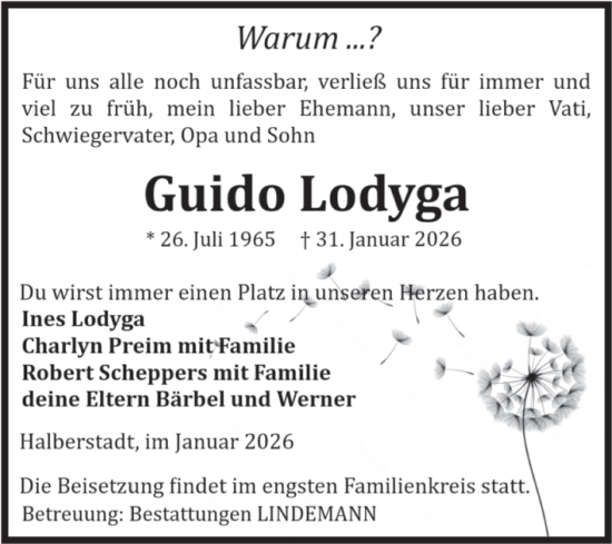 Traueranzeige von Guido Lodyga von Volksstimme Halberstadt