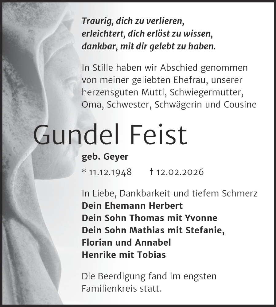  Traueranzeige für Gundel Feist vom 21.02.2026 aus Trauerkombi Merseburg