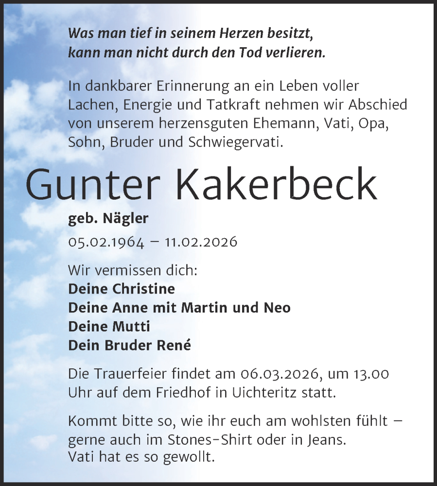  Traueranzeige für Gunter Kakerbeck vom 28.02.2026 aus Trauerkombi Weißenfels