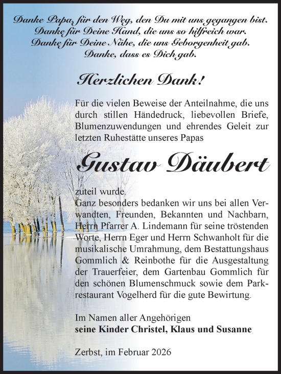 Traueranzeige von Gustav Däubert von Volksstimme Zerbst