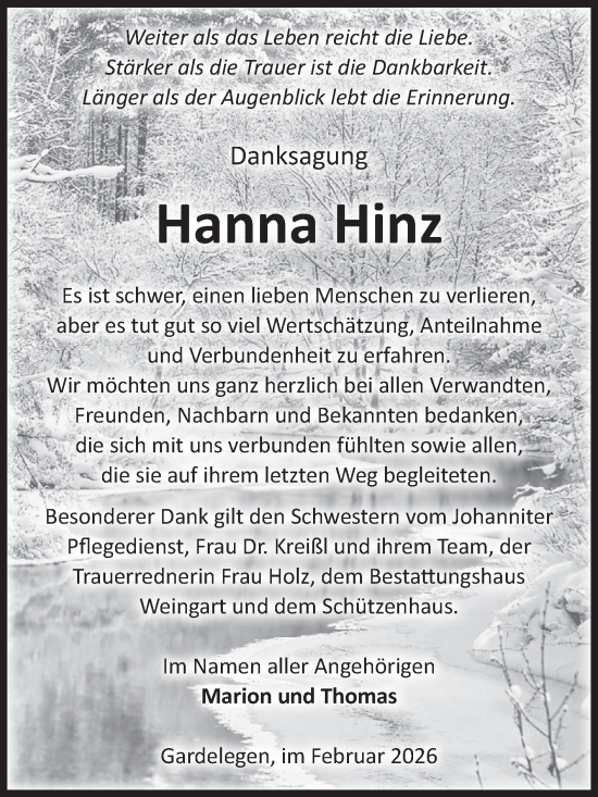 Traueranzeige von Hanna Hinz von Volksstimme Altmark West