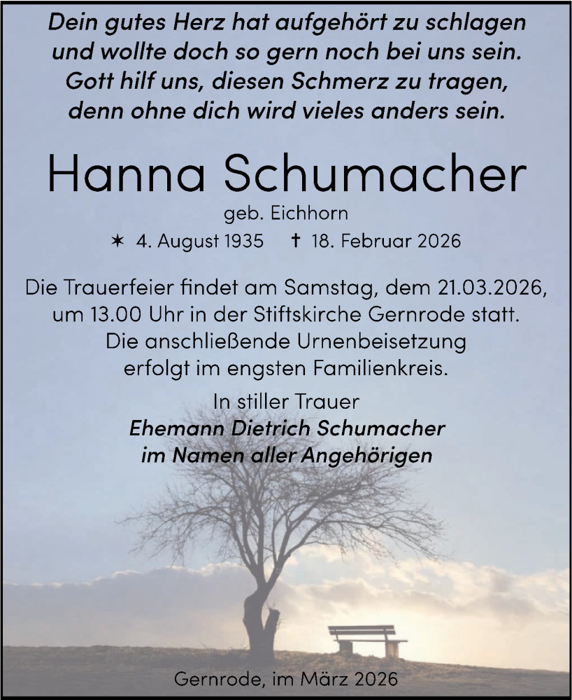  Traueranzeige für Hanna Schumacher vom 28.02.2026 aus Trauerkombi Quedlinburg