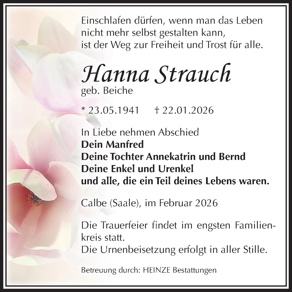 Traueranzeige für Hanna Strauch vom 07.02.2026 aus Volksstimme Schönebeck
