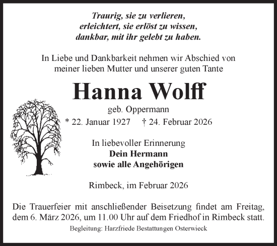 Traueranzeige von Hanna Wolff von Volksstimme Halberstadt