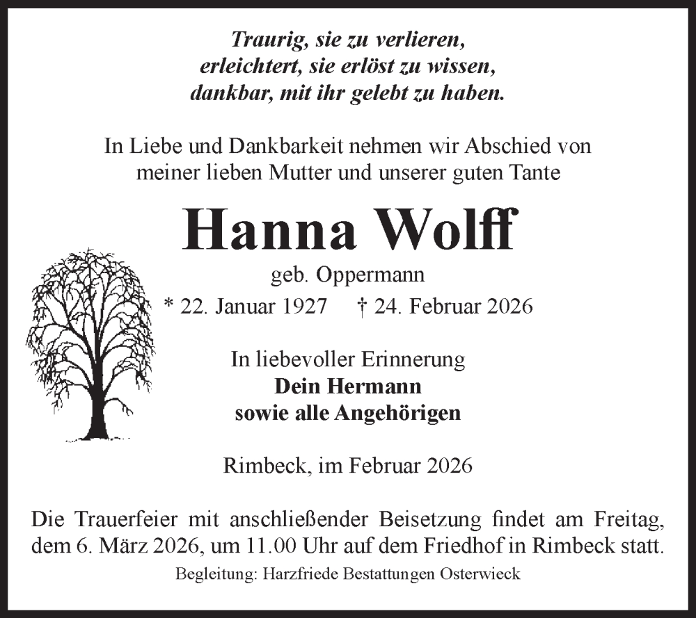  Traueranzeige für Hanna Wolff vom 28.02.2026 aus Volksstimme Halberstadt