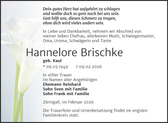 Traueranzeige von Hannelore Brischke von Trauerkombi Wittenberg