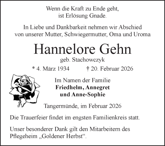 Traueranzeige von Hannelore Gehn von Volksstimme Altmark Ost