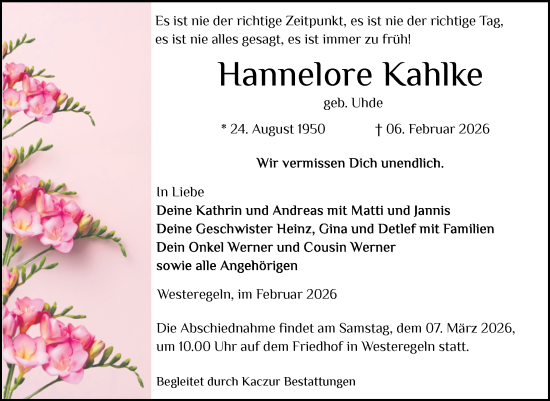 Traueranzeige von Hannelore Kahlke von Volksstimme Staßfurt