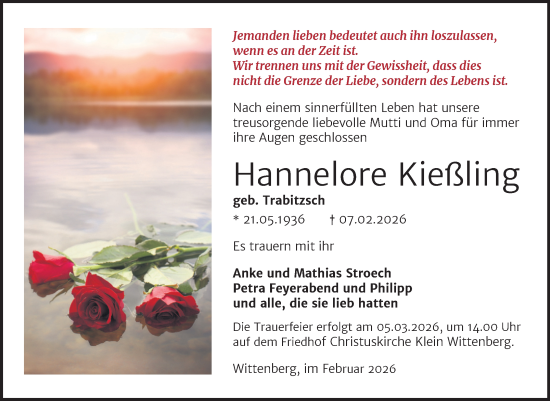 Traueranzeige von Hannelore Kießling von Trauerkombi Wittenberg