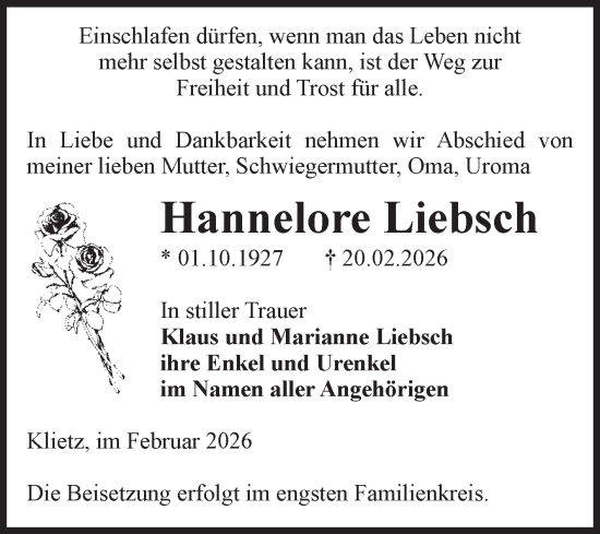 Traueranzeige von Hannelore Liebsch von Volksstimme Altmark Ost