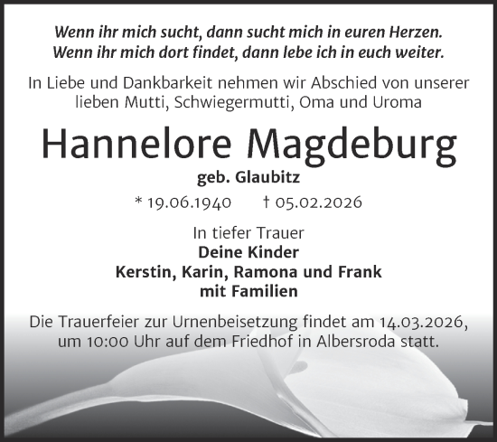 Traueranzeige von Hannelore Magdeburg von Trauerkombi Merseburg