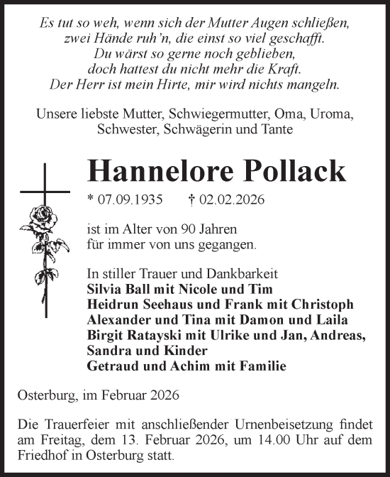 Traueranzeige von Hannelore Pollack von Volksstimme Altmark Ost
