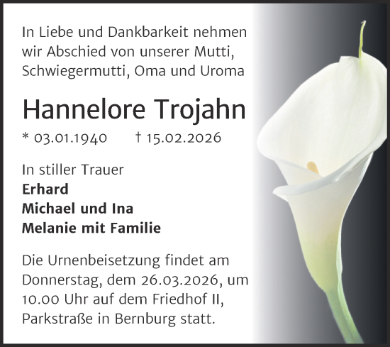 Traueranzeige von Hannelore Trojahn von Trauerkombi Bernburg